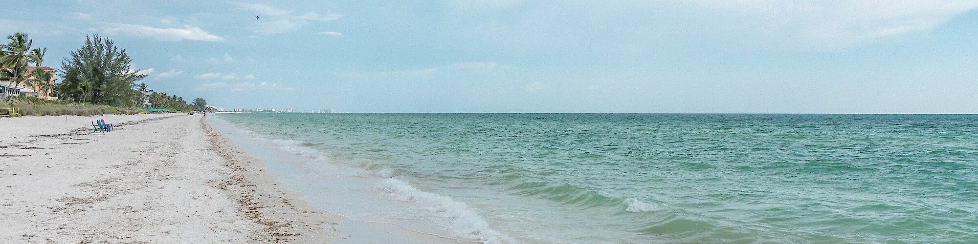 A tranquil beach scene with gentle waves, clear blue sky, and scattered palm trees in the distance, ideal for a relaxing day.